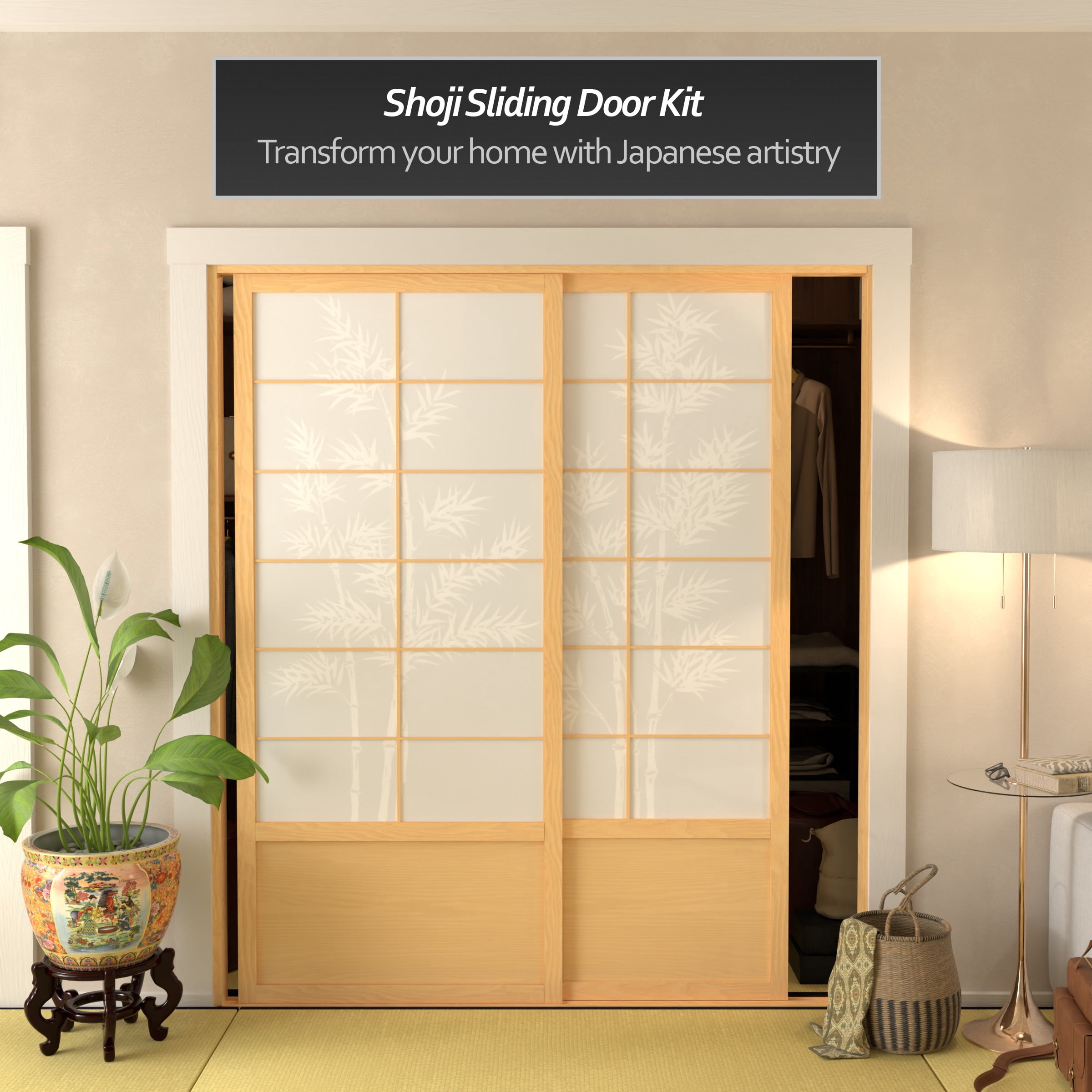 Red Lantern 7 ft. Tall Bamboo Tree Shoji Sliding Door Kit - Natural