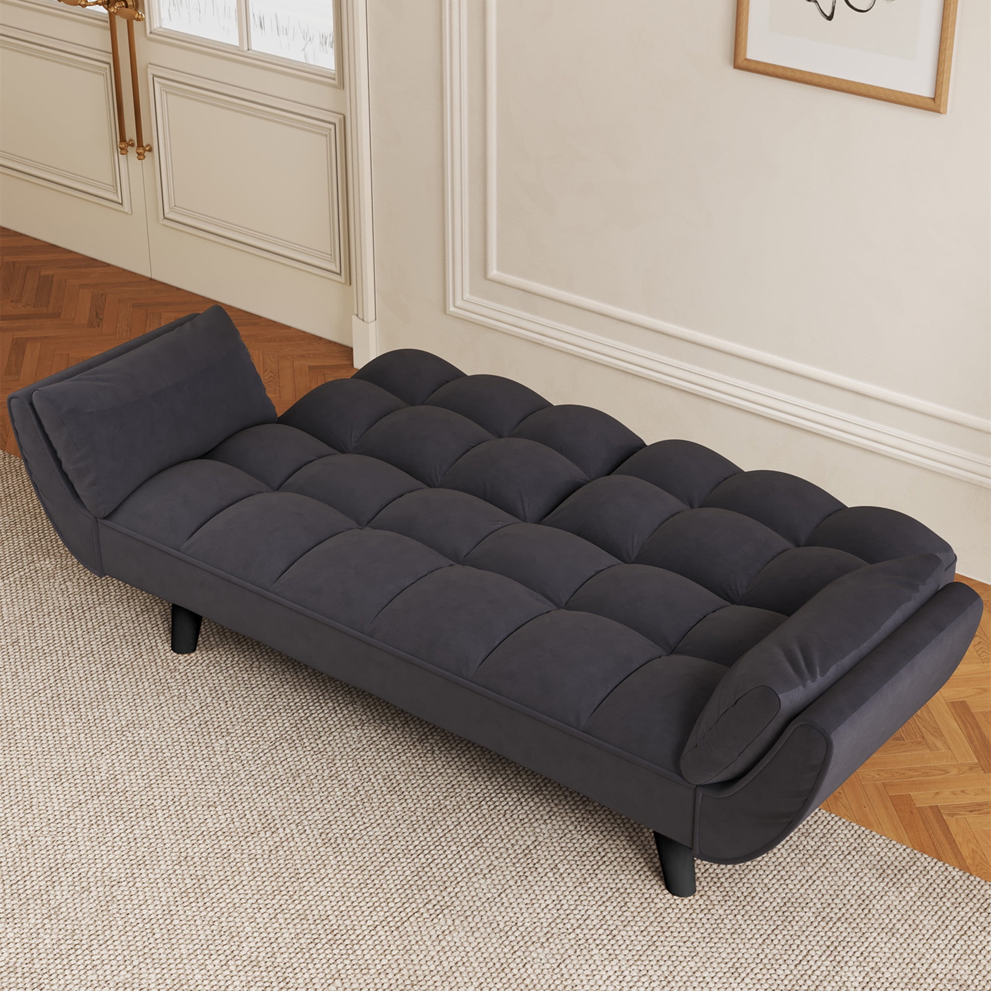 Aukfa Deep Tufted Futon Convertible Sofa Bed, Velvet Sleeper Couch for Home Office, Black