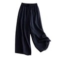 thumbnail image 3 of Ohufall Womens Solid Color Wide Leg Pants With Pockets Summer Casual Thin Straight Cotton And Linen Capris Plus Size Drawstring Elastic Waist Cropped Pants, 3 of 7