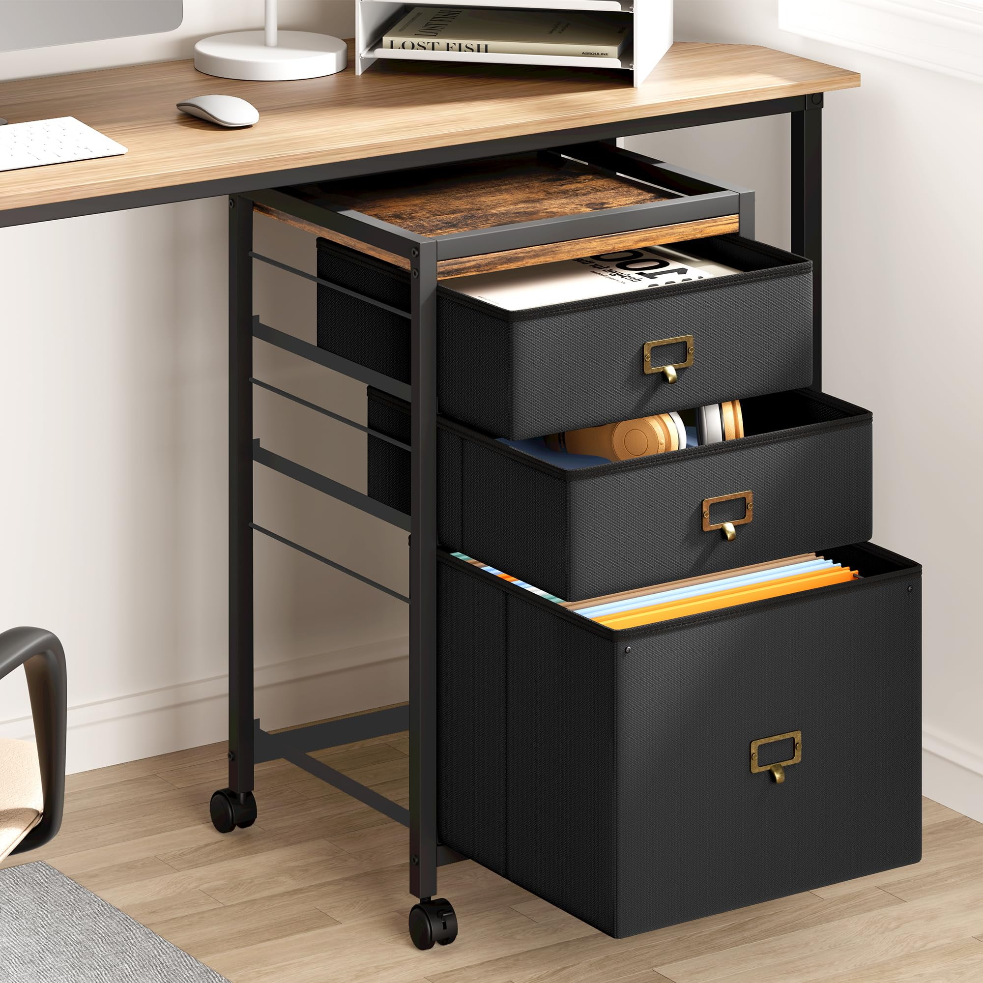 TEQIN 2-4 Drawer File Cabinet with Wheels,Metal Mobile Filing Cabinets with Fabric Drawers,Vertical Filing Cabinet With Lock for Home Office,Heavy Duty Storage Cabinet for A4/Letter/Legal Size File