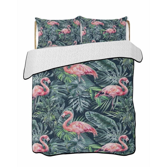 Quilts King Size Bedding Set, Pink Flamingo Lightweight Quilted Comforter, Summer Watercolor Tropical Green Palm Leaves Reversible Bedspread Coverlet with Pillow Covers for All Season, 96" x 106"