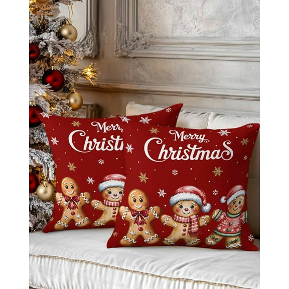 Christmas Decorative Throw Pillow Covers 20x20 Inch Set of 2 Gingerbread Man Pillow Cases for Couch, Merry Christmas Snowflakes Red Cushion Case for Living Room Bedroom Bed Car Chair