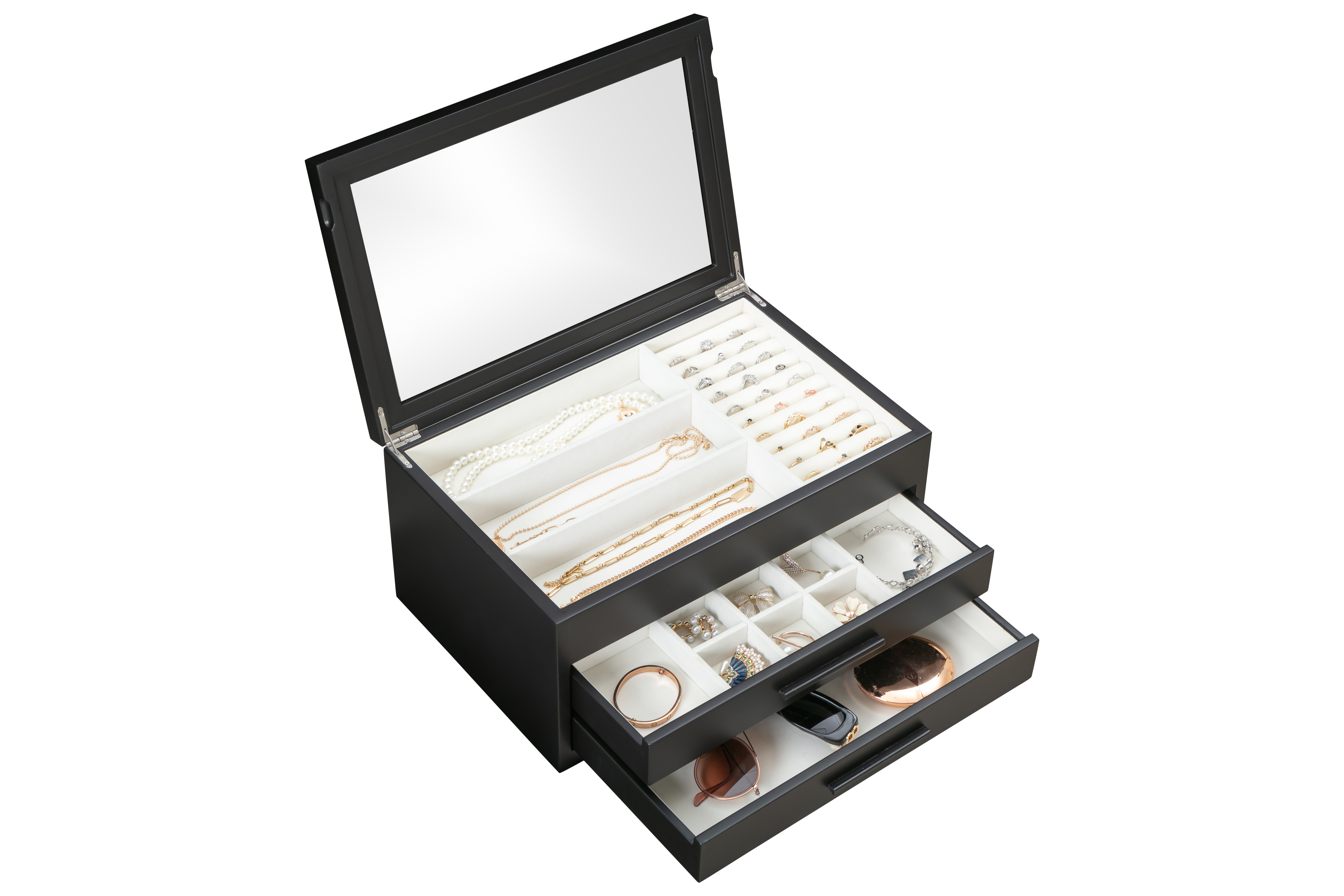 Modern Elegant Jewelry Box with 2 Drawers, Large Storage Compartments, Transparent Glass Lid, and Soft Linen for Rings, Necklaces and Earrings