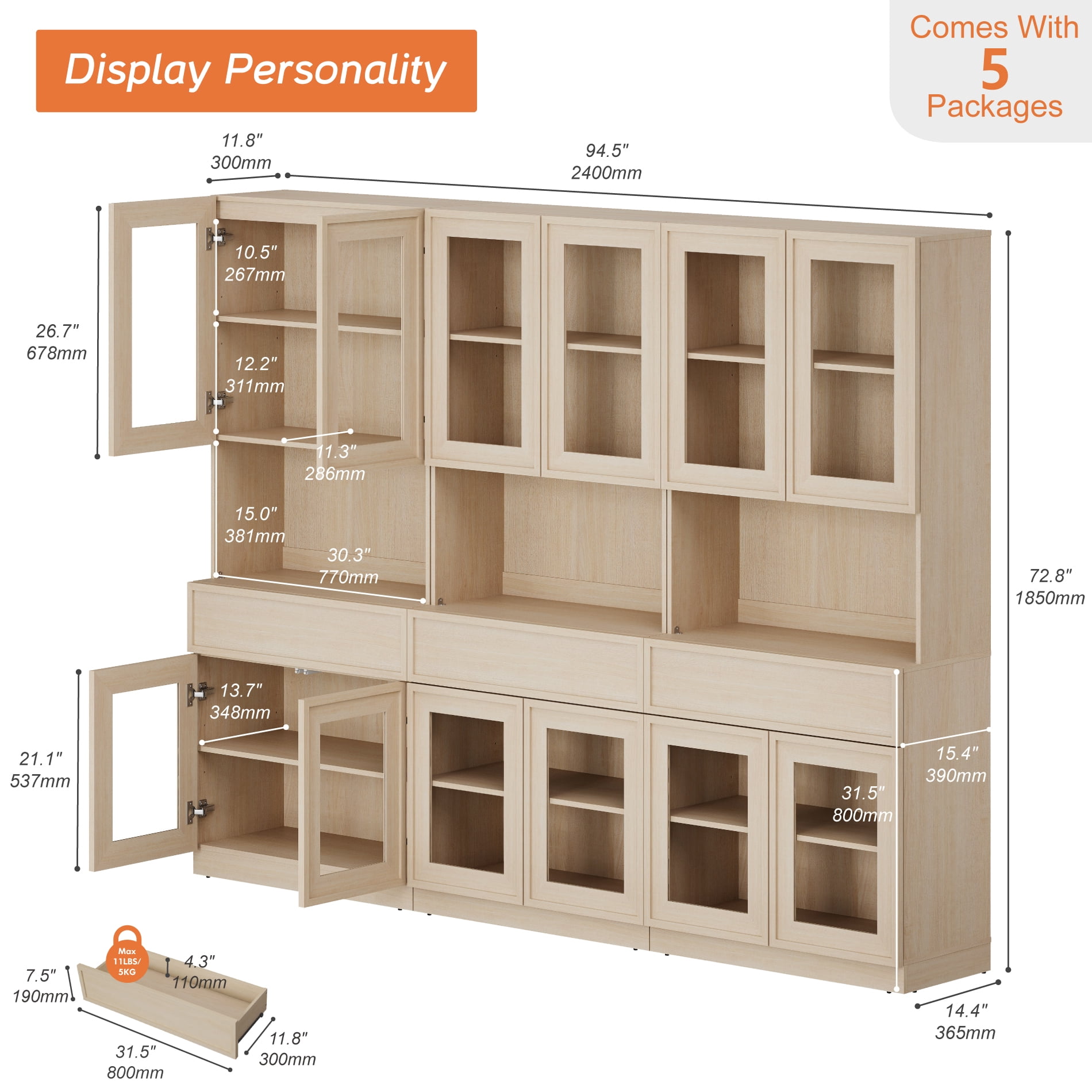 Modern 72"Tall Sideboard, Wood Buffet Display Cabinet with Glass Doors, Drawers and Adjustable Shelves, Multi-Layer Storage Console for Dining Room,Living Room,Entryway,Beige