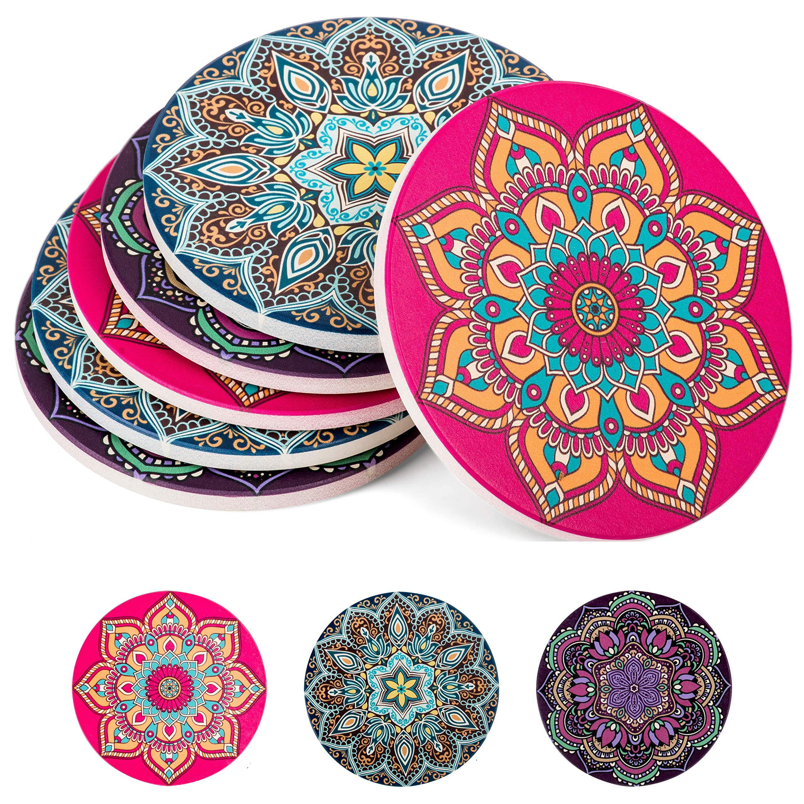 Coasters for Drinks Absorbent Ceramic Stone with Holder Mandala Pattern Cork Base 4 Inches Set of 6 for Wooden Table Home Decor 
