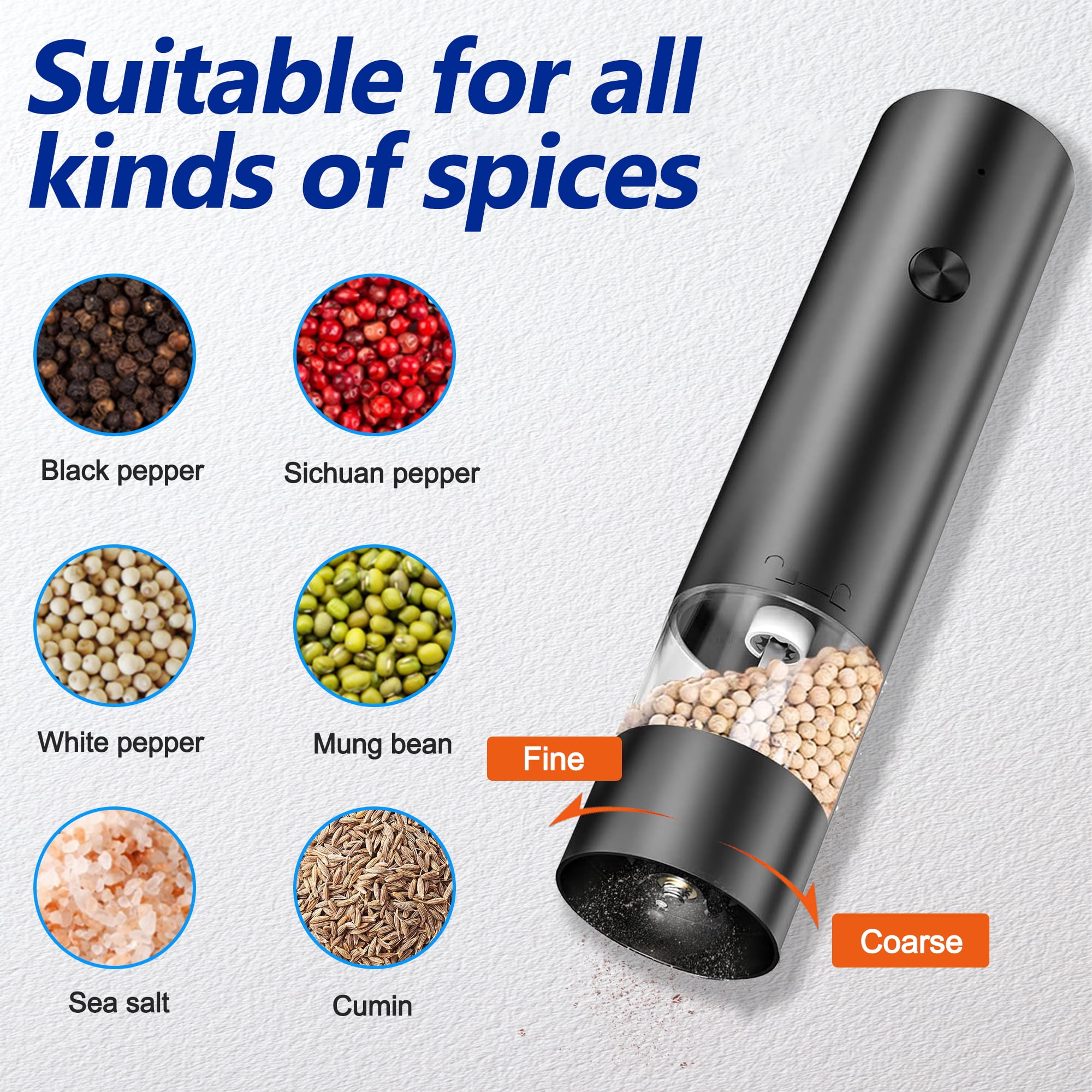 Electric Salt and Pepper Grinder Set, Automatic Salt Pepper Mill Grinder, Rechargeable Salt and Pepper Shakers Mills, Adjustable Coarseness One Hand Operation for Kitchen