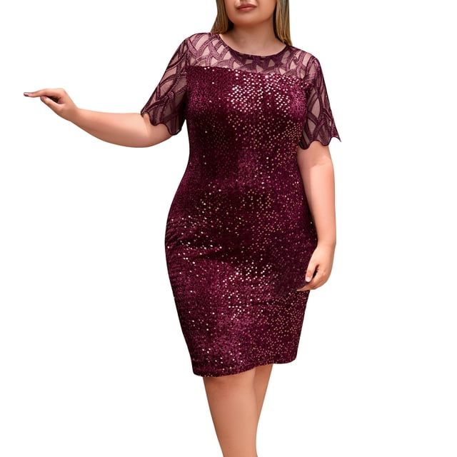 Kyusrd Robe d'Été pour Femmes Robe de Soirée Robe Portefeuille Femmes Couleur Unie Paillettes Grande Taille Manches Courtes Robes de Mariage