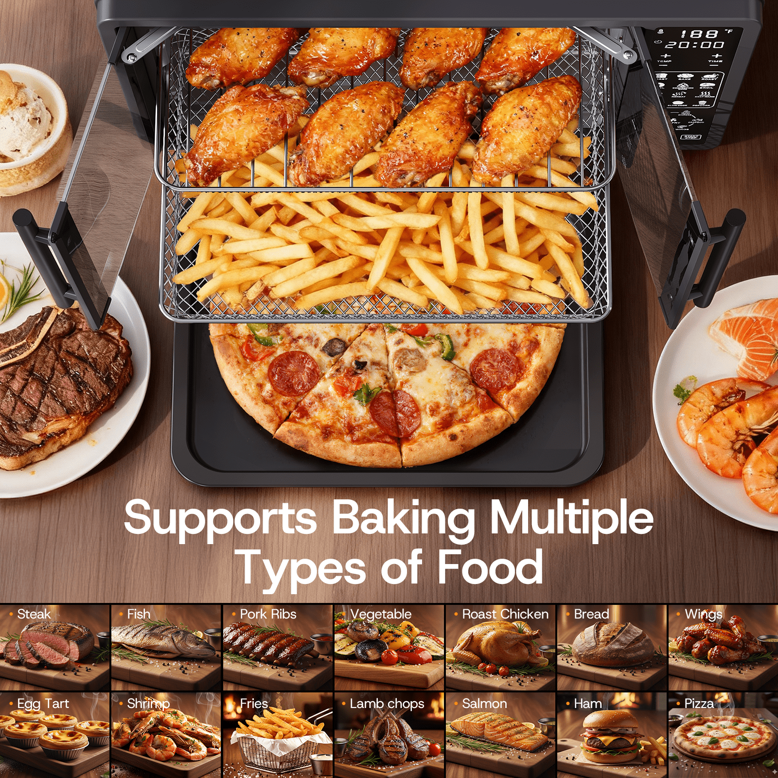 25 QT French Door Air Fryer Toaster Oven Combo, Bake, Broil, Roast, 19 Cooking Functions and Digital Controls, NTC Precise Temp Control, 1700W Heating