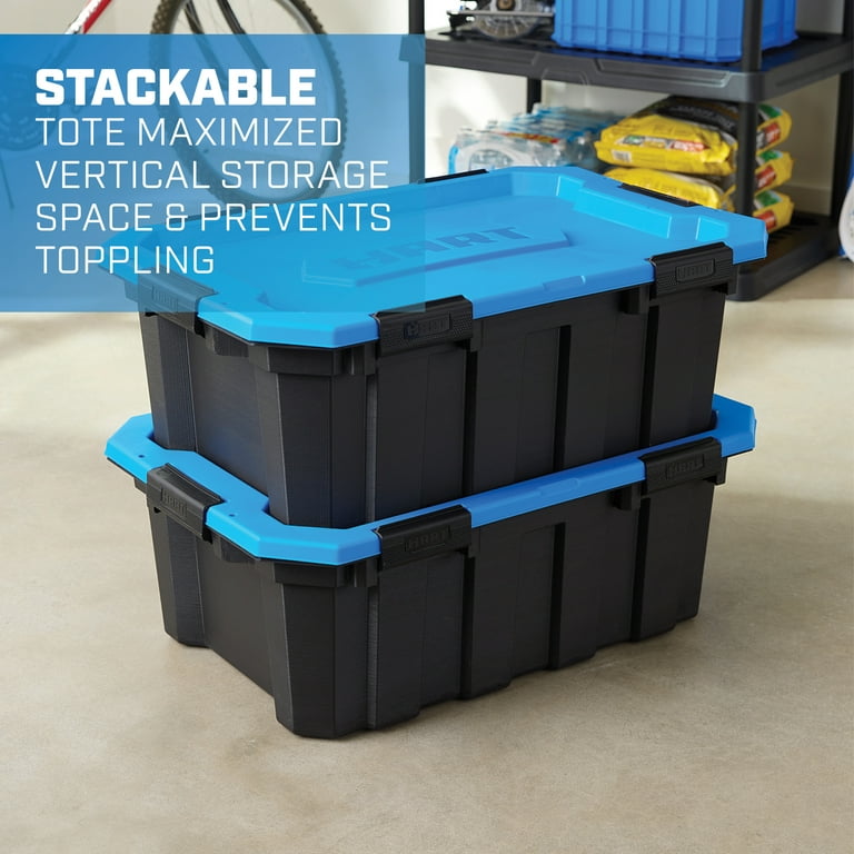 18-Gallon Industrial Plastic Tote with Hinged Lids, Blue - Heavy