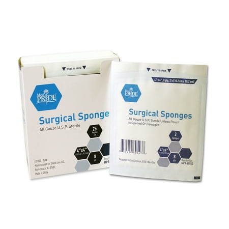 MedPride Gauze Sponge Sterile, 2's, 4" x 4", 8Ply, Box of 25