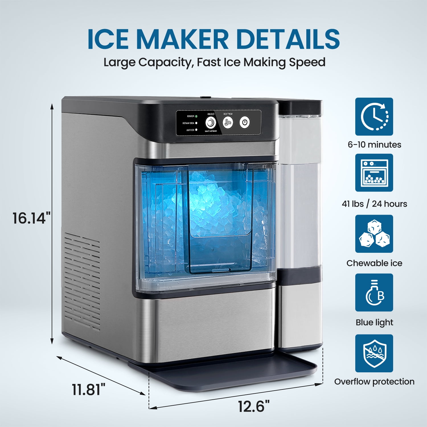 THLAND Chewable Crunchable Countertop Nugget Ice Maker with 0.793 Gallon Tank，Large Capacity Ice Makers Countertop,41Lbs/24H, Self-Cleaning, One-Click Operation, Stainless Steel Silver