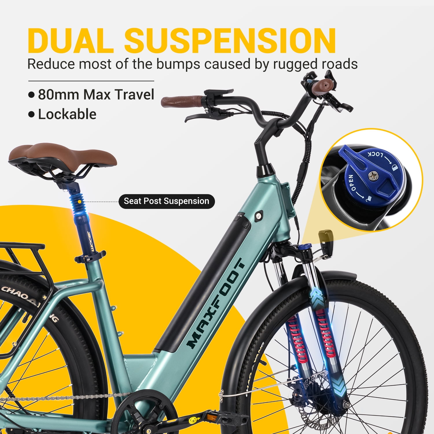 MAXFOOT MF25 Electric Bikes for Adults, 1000W Peak Motor, Up to 70 Miles, 48V 10.4Ah Built-in Battery, 25 MPH Electric Cruiser Bicycle, 26" 7-Speed Ebikes with Suspension
