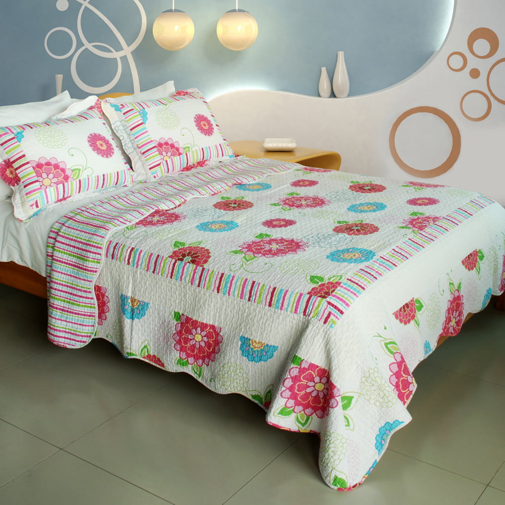Pink Fairy Floral Real Patchwork 100% Cotton Twin Quilt Set Bedspread Coverlet 