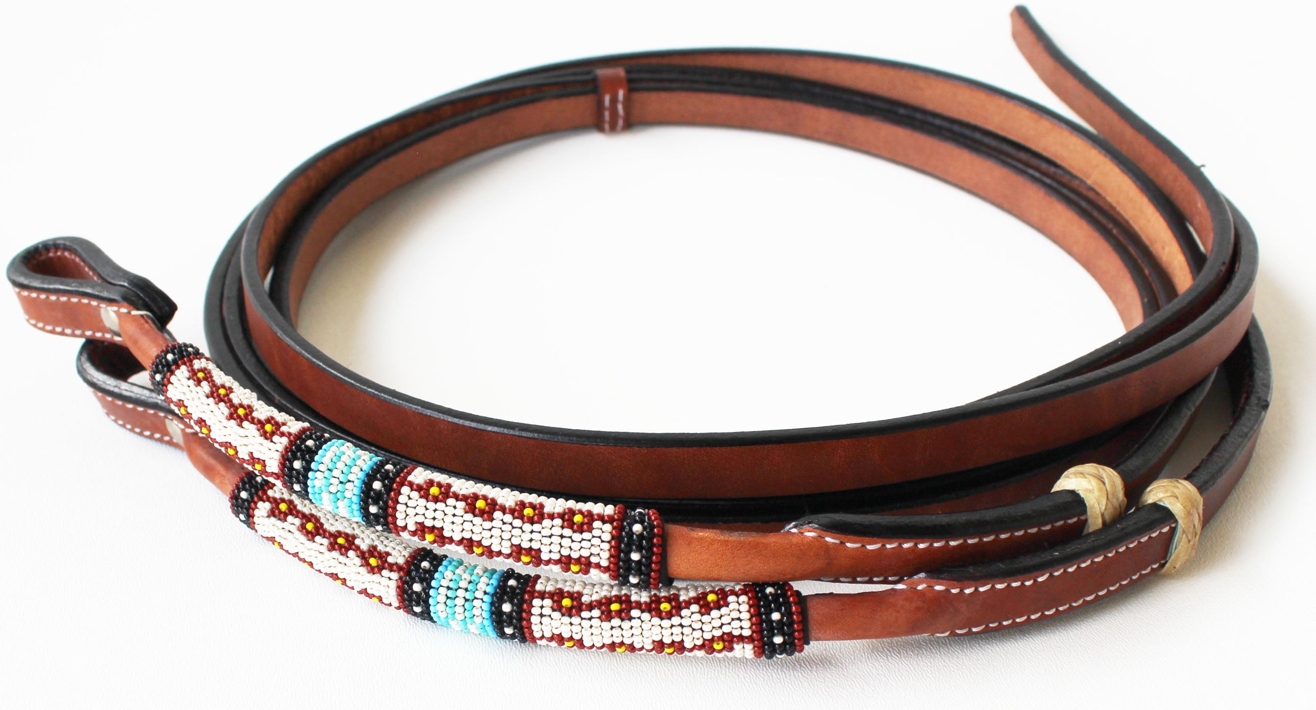 Horse Western Harness Round Leather Beaded Overlay Split Reins 66Beaded