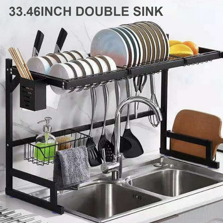 Wall Mounted Dish Drying Rack, 3 Tier Stainless Steel Hanging Dish Drainer  with Cutlery Holder, Drainboard and Hooks, Fruit Vegetable Kitchen Supplies Plates  Bowls Cups Storage Shelf, Black 
