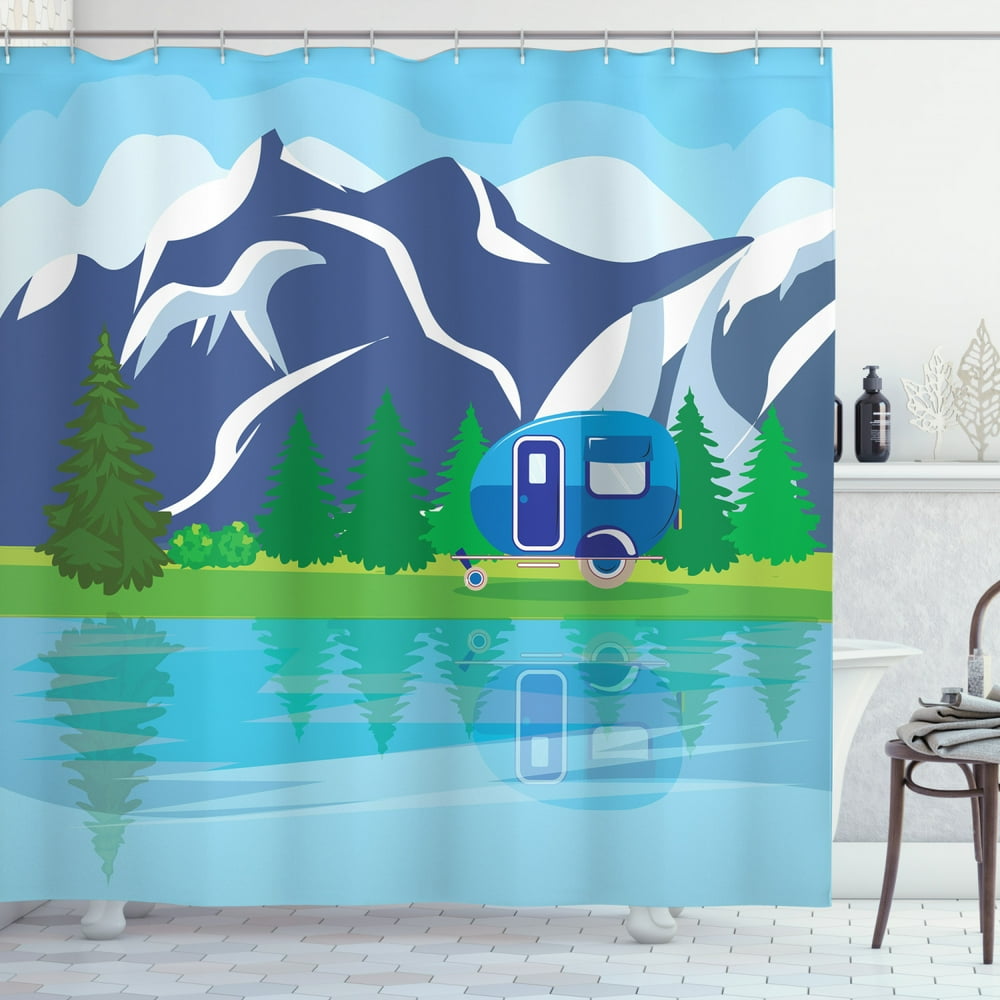 Happy Camper Shower Curtain, Outdoor Activity with Lake Mountain Forest