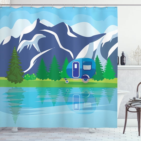 Happy Camper Shower Curtain, Outdoor Activity with Lake Mountain Forest and Trailer Summer Holiday Design, Fabric Bathroom Set with Hooks, 69W X 75L Inches Long, Multicolor, by Ambesonne