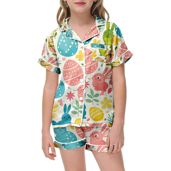 Easter Girls Satin Pajamas Set Cute Easter Bunny Button up Short Sleeve Pajamas Set Pajamas Girls