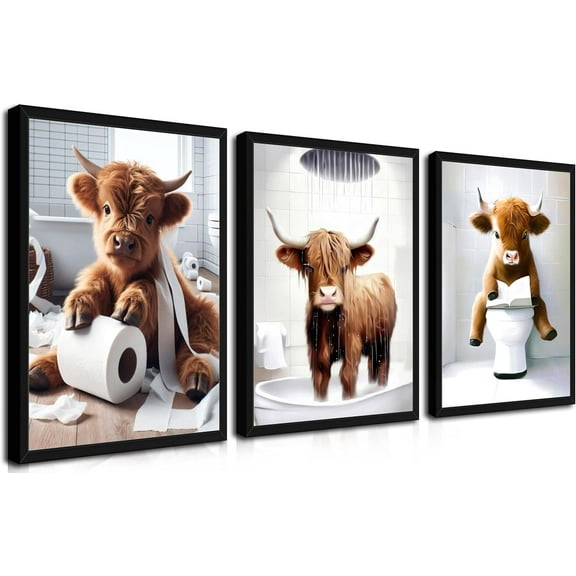 Funny Bathroom Highland Cow Wall Art, Brown Cute Cow Animal Canvas Posters Prints Set of 3, Vintage Rustic Farmhouse Home Pictures Wall Decor Painting for Bathroom Restroom Framed 16x24Inch