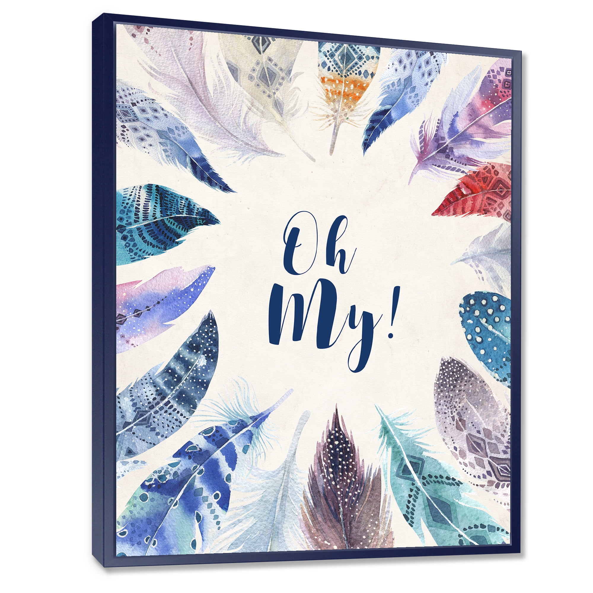 Designart 'Vital Blue Feathers Oh My' Bohemian & Eclectic Framed Canvas Wall Art Print