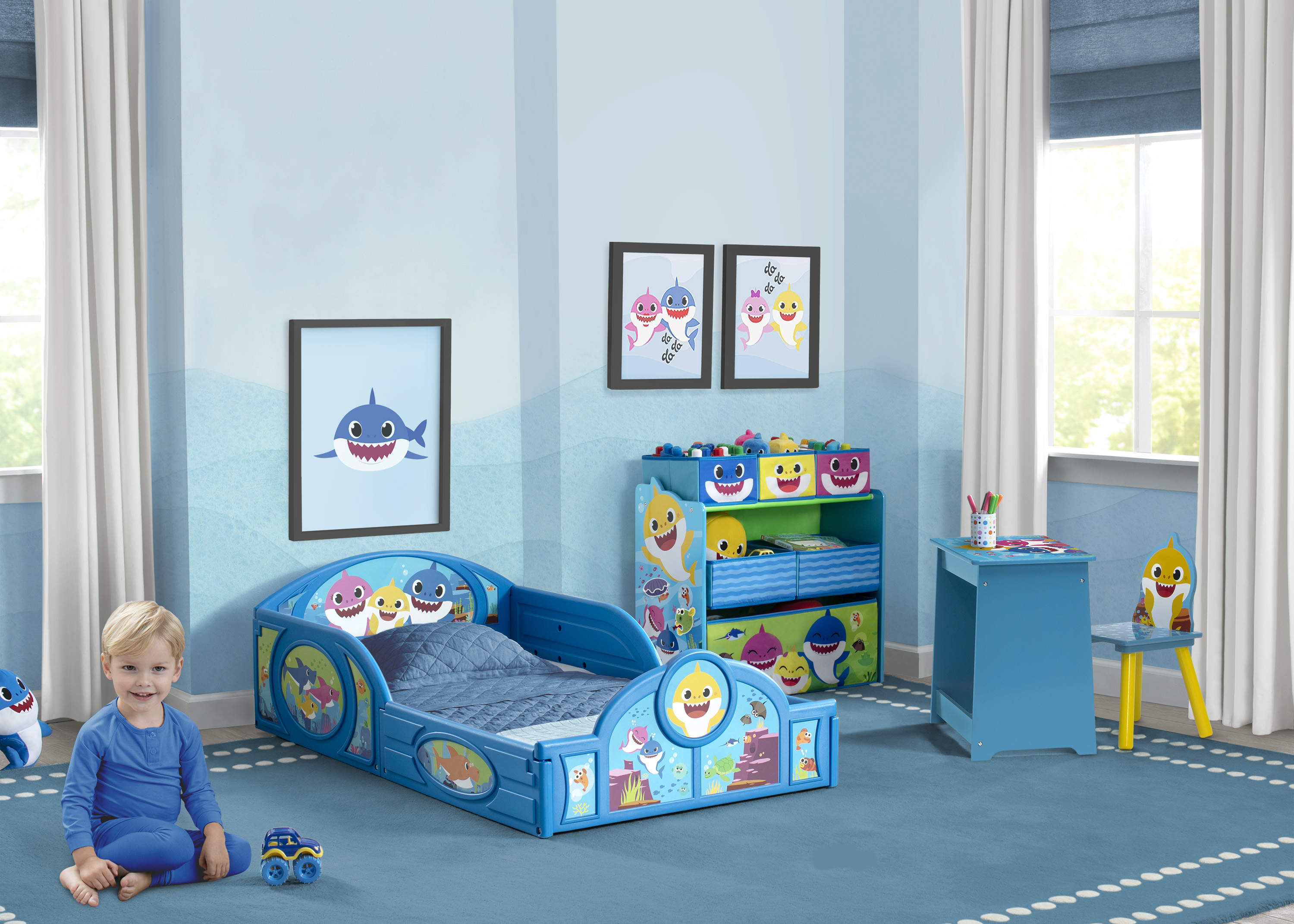 Baby Shark 4-Piece Room-in-a-Box Bedroom Set by Delta Children - Includes Sleep & Play Toddler Bed, 6 Bin Design & Store Toy Organizer and Art Desk with Chair - image 4 of 19