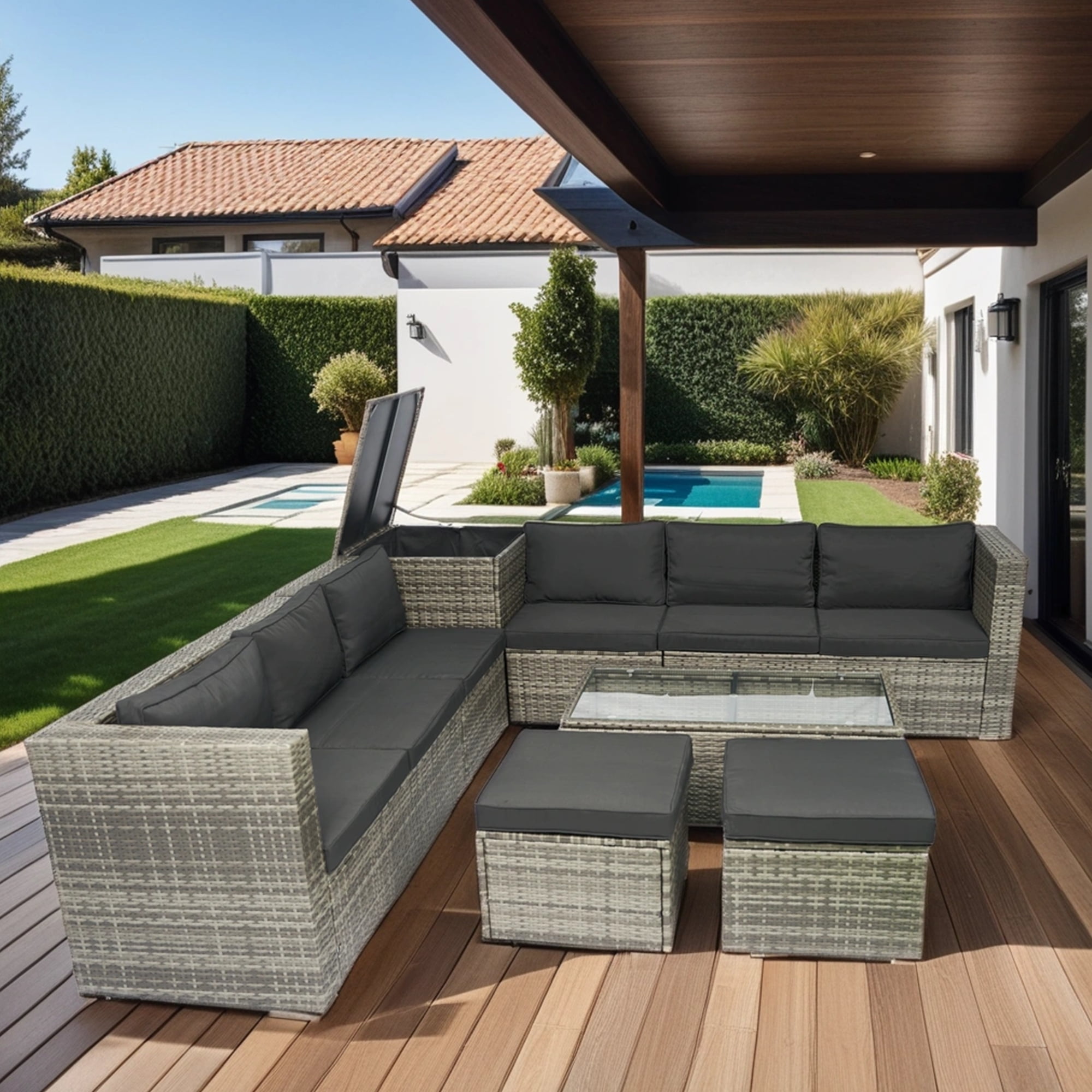 8-Piece Patio Furniture Set, All-Weather Rattan Patio Sectional Sofa Set with Storage Box & Glass Table, Configurable Outdoor Furniture for Deck, Pool, Garden, Grey & Black