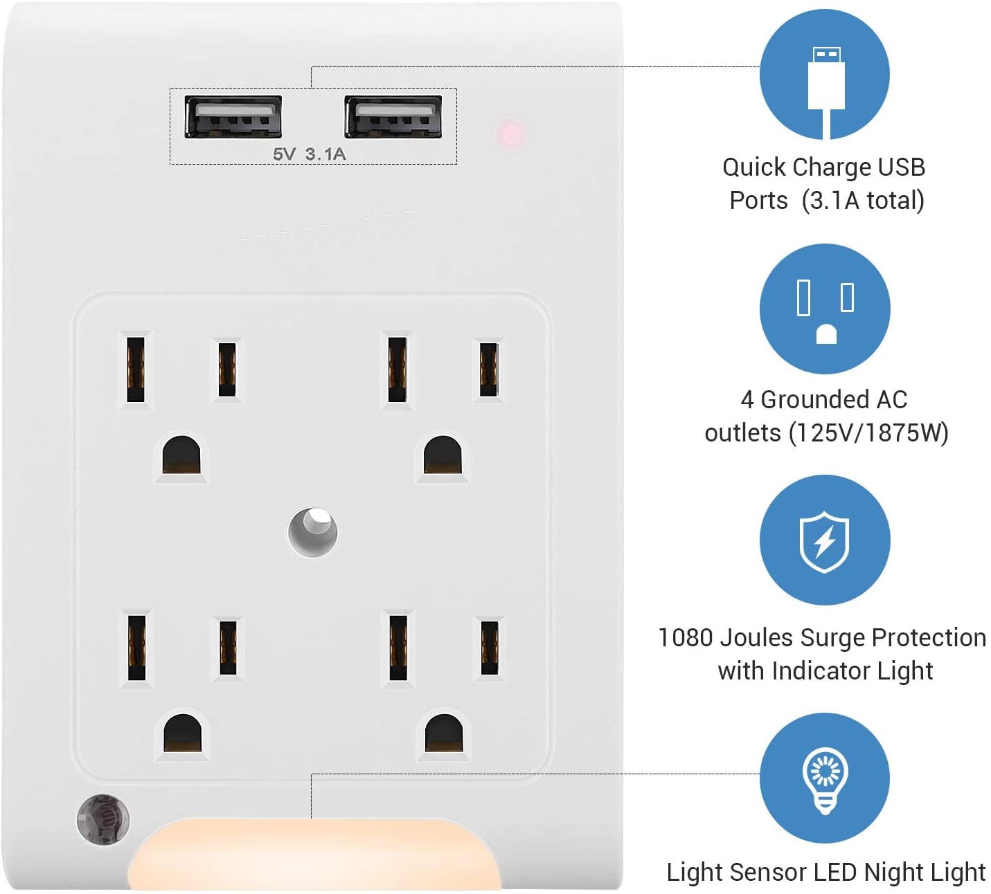 LED Night Light with Dual USB Port 5V 1A Light Sensor Control Light US/EU Plug 