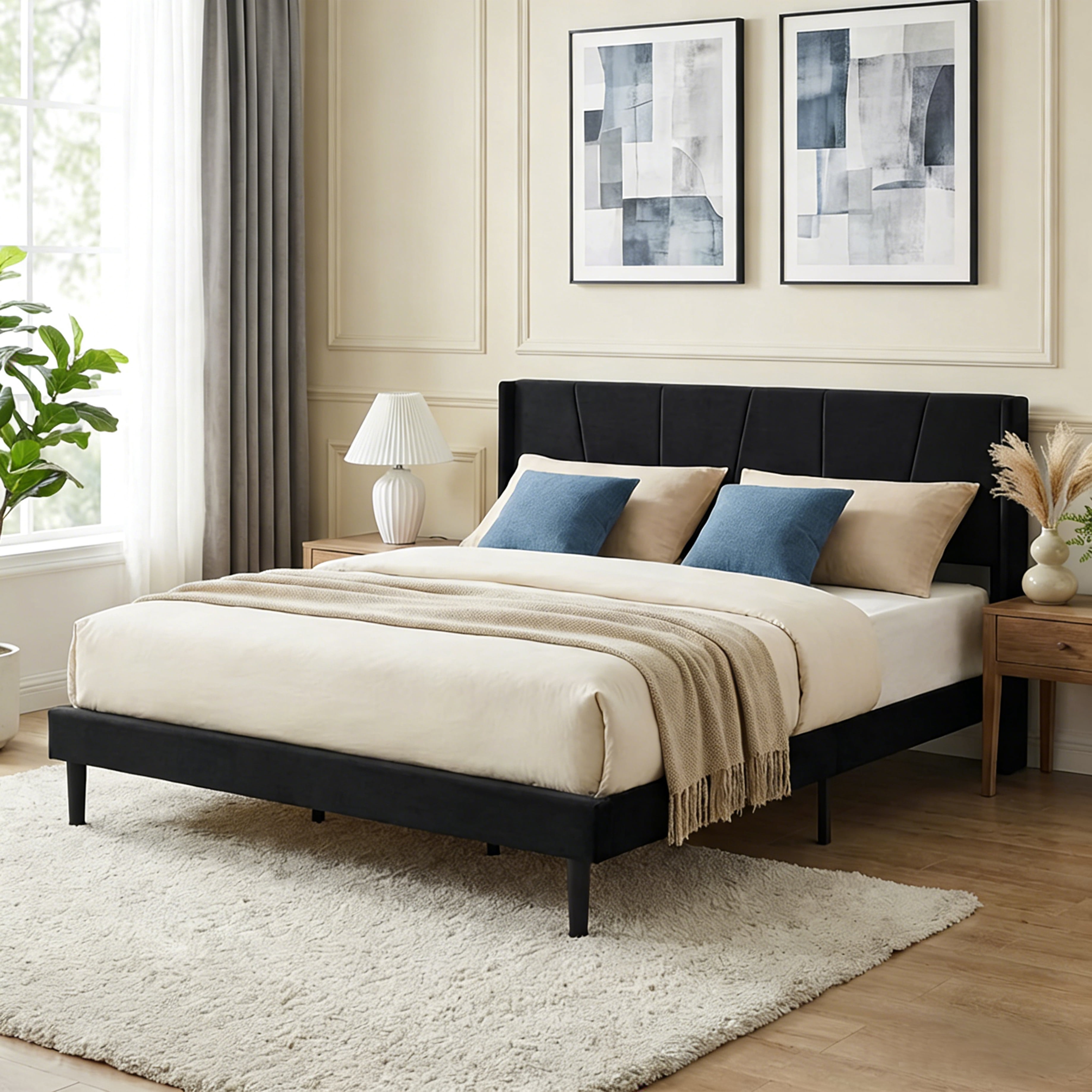 Gewnee King Size Bed Frame with Headboard,Velvet Upholstered Bed,Platform Bed Frame with Wood Slat Support & Under-Bed Clearance,No Box Spring Needed.Black