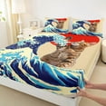 thumbnail image 3 of Feelyou Cartoon Cat Kids Bed Sheets, Japanese Ocean Waves King Sheets, 4-Piece, 3 of 7