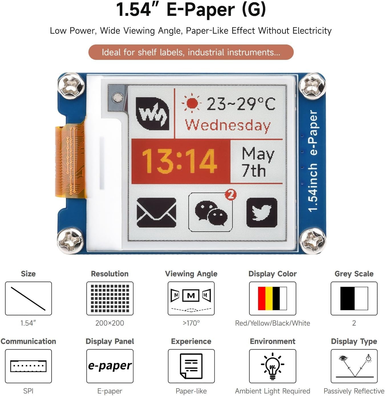 1.54inch e-Paper Display (G), Compatible with 5/4B/3B/Zero/Pico, Supports Jetson Nano/TX2/Xavier NX/Orin, 200x200, Red/Yellow/Black/White, SPI Interface, with Driver Board