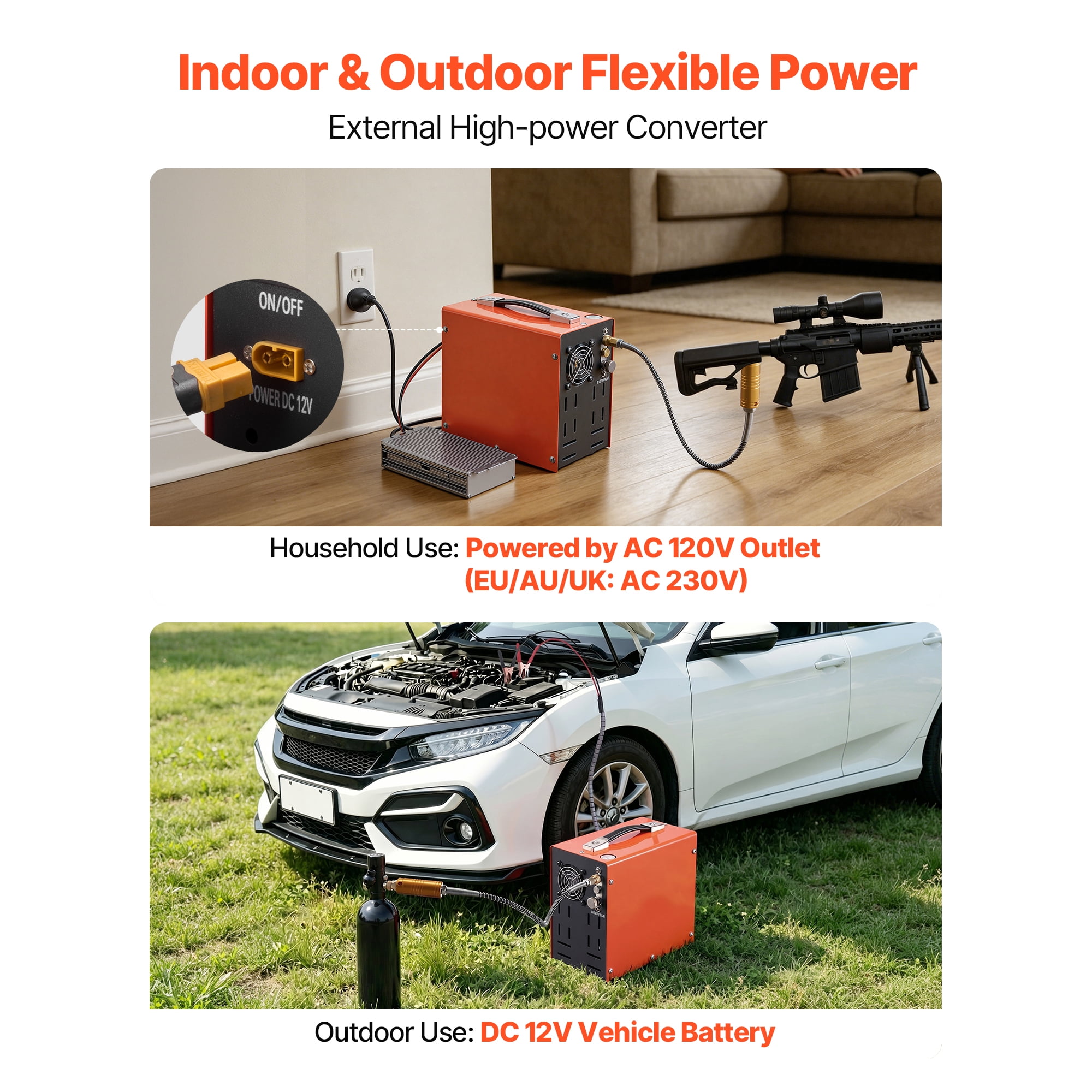 KFFKFF Portable PCP Air Compressor 4500PSI with Manual Stop, 350W DC12V/AC120V, Compact Paintball Tank Compressor for Air Rifles and Diving Bottles