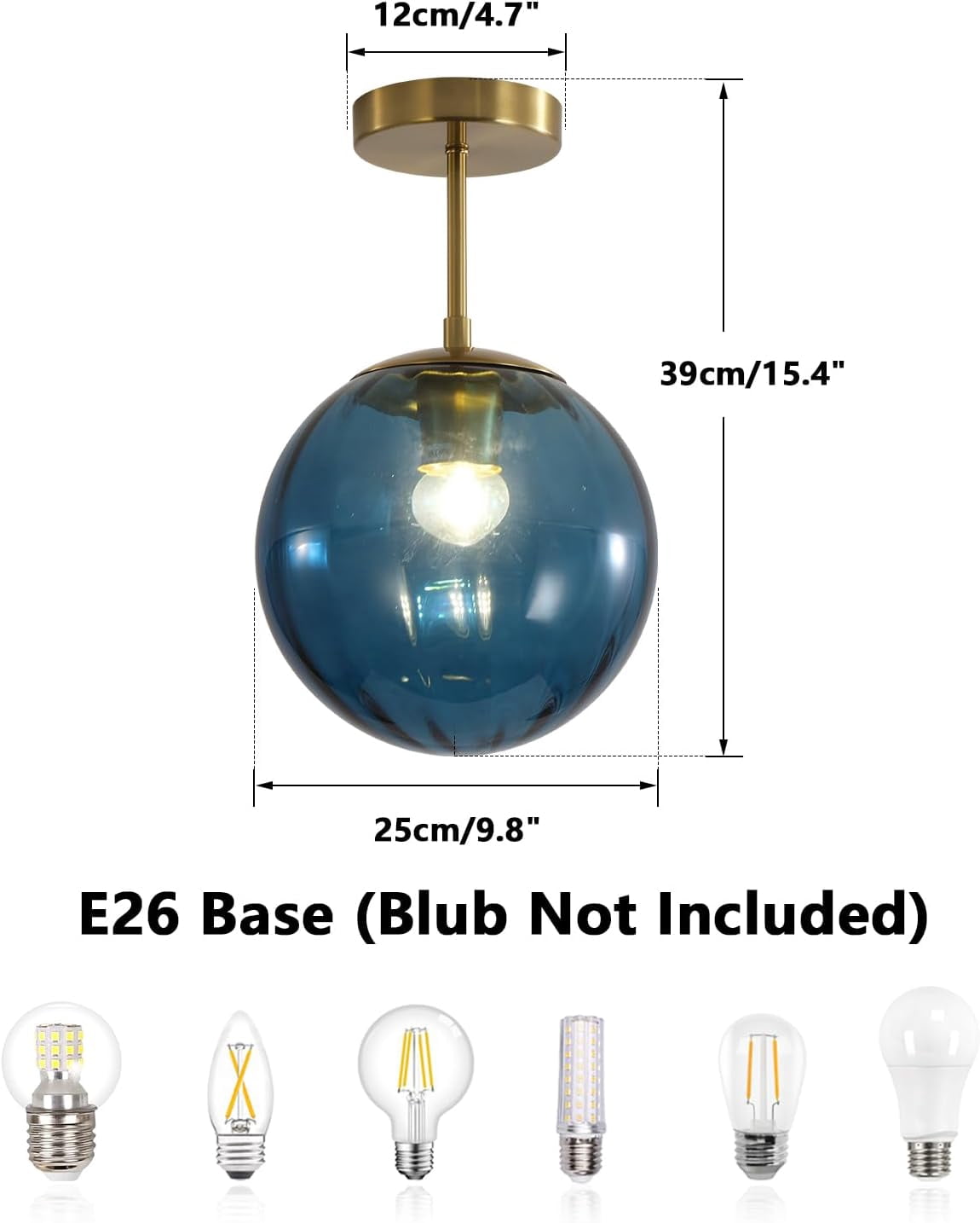 KCO Lighting Modern Large Globe Flush Mount Ceiling Light with Vintage Blue Glass