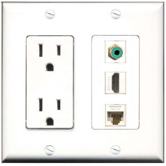 RiteAV - 15 Amp Power Outlet 1 Port HDMI 1 Port RCA Green 1 Port Cat6 Ethernet Ethernet White Decorative Wall Plate