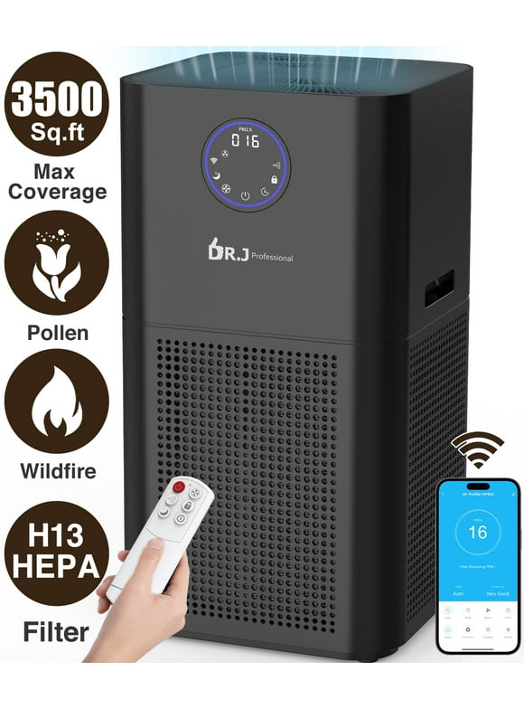 DR. J Professional HEPA Air Purifier for Large Rooms 3500 Sq.ft, WiFi Air Purifiers for Allergies and Asthma, Pollen, Wildfire, Smoke, Pet Dander&Odor, Dust
