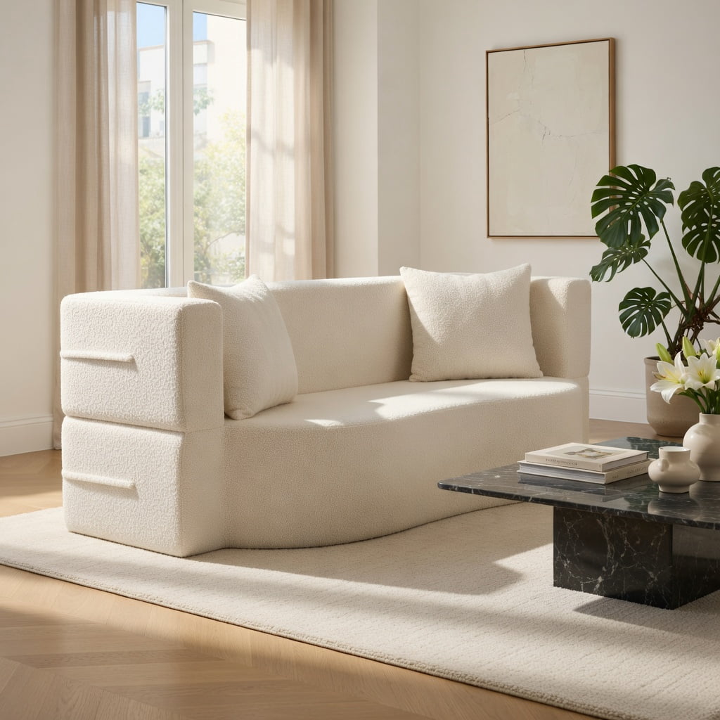 Hommoo 75.5" 2-in-1 Folding Sofa Bed, Teddy Fleece Convertible Floor Loveseat with Removable Washable Cover, Ergonomic Curved Design & 2 Plush Pillows, Beige