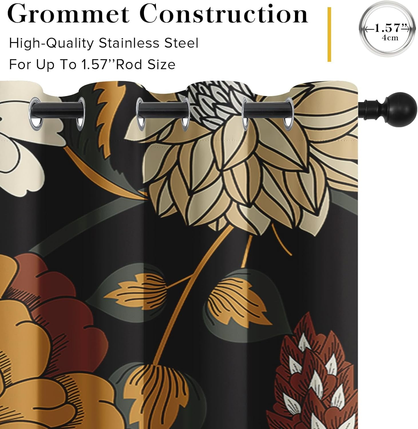 Boho Flower Blackout Curtains for Bedroom Windows, Plant Leaves Print Curtains for Living Room, Black Bohemian Dining Room Curtain Draperies 2 Panel Sets, 52" X 84"