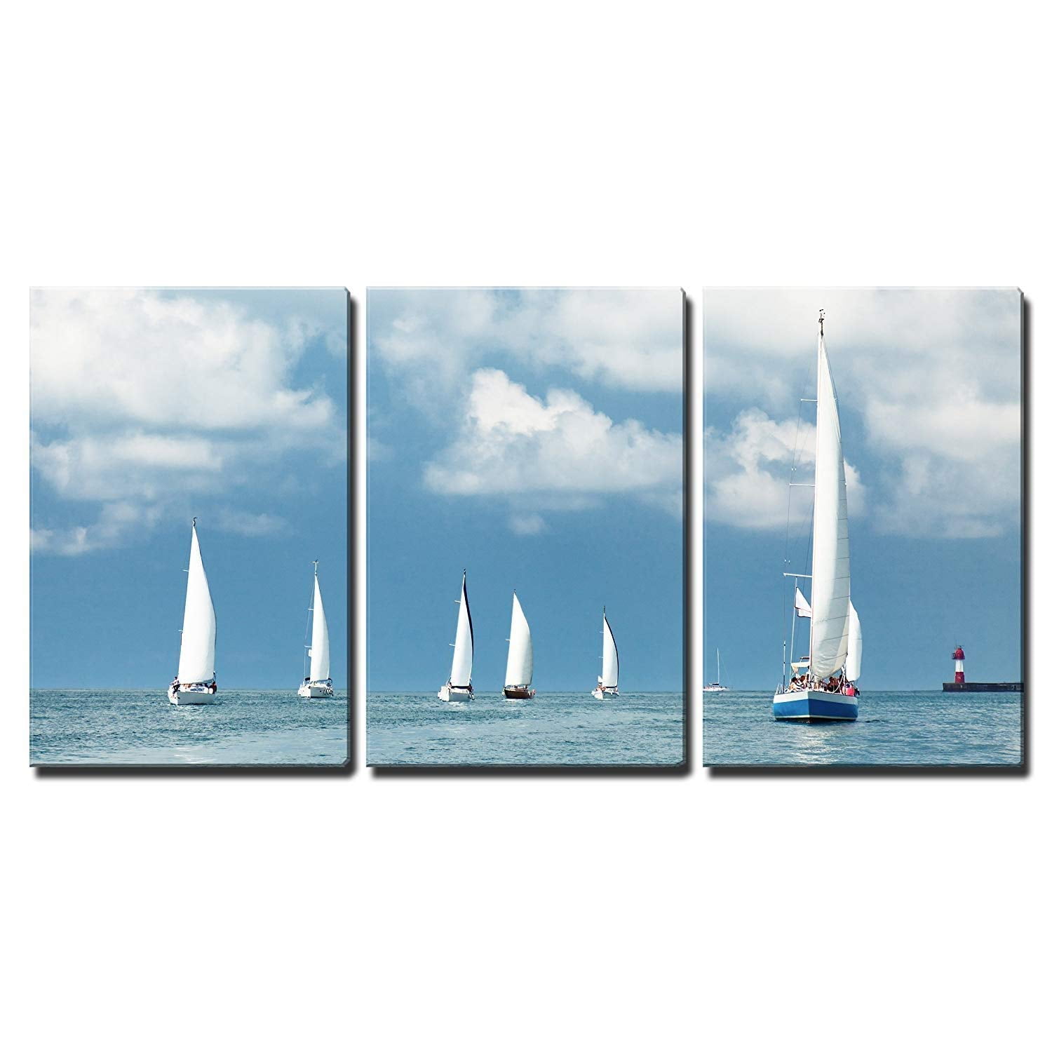 Wall26 3 Piece Canvas Wall Art Sailboats Sailing, Blue Cloudy Sky and