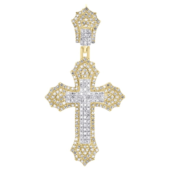 10K Yellow Gold Natural Diamond Men's Tiered Halo Pointed Cross Pendant 0.31 CT