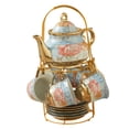thumbnail image 3 of Juego de té de cerámica con tetera, tazas y platillo hecho a mano para 6 personas con acabado dorado. Azul, 3 of 9