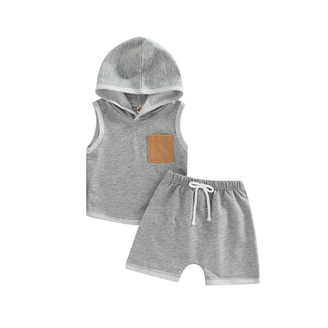 Mialoley Infant Baby Boy 2 Pieces Outfits, Patchwork Hooded Sleeveless Tank Tops + Elastic Waist Solid Color Shorts Summer Set