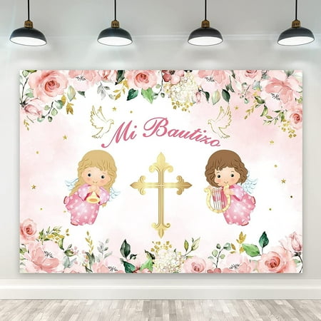 Mi Bautizo God Bless Baptism Decorations Backdrop Banner for Girls First Holy Communion Christening Polyester Fabric Pink Floral Angel Newborn Party Background Baby Shower Decor