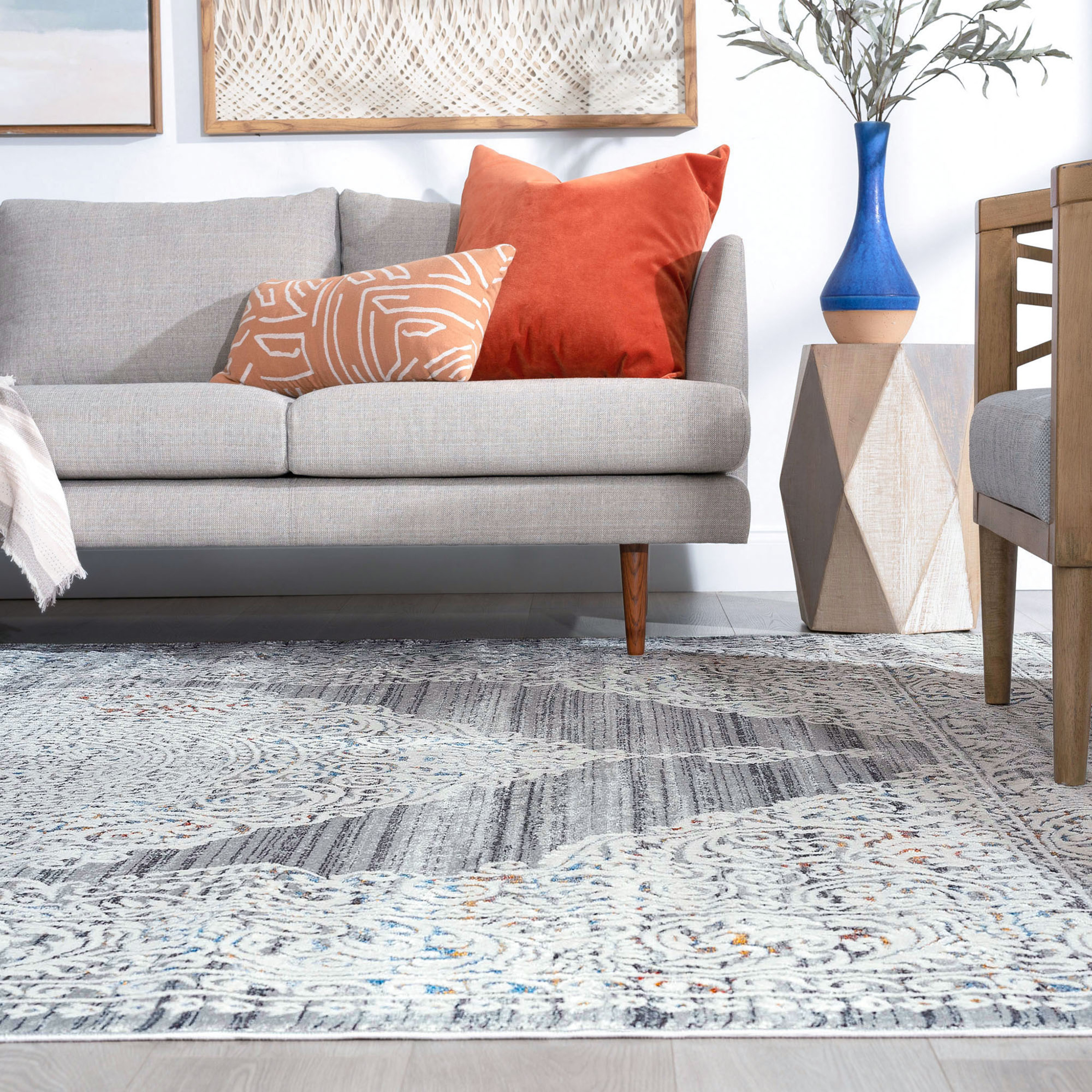 Traditional 8x10 Area Rug (7'10'' x 10'2'') Medallion Gray, Teal Living Room Easy to Clean