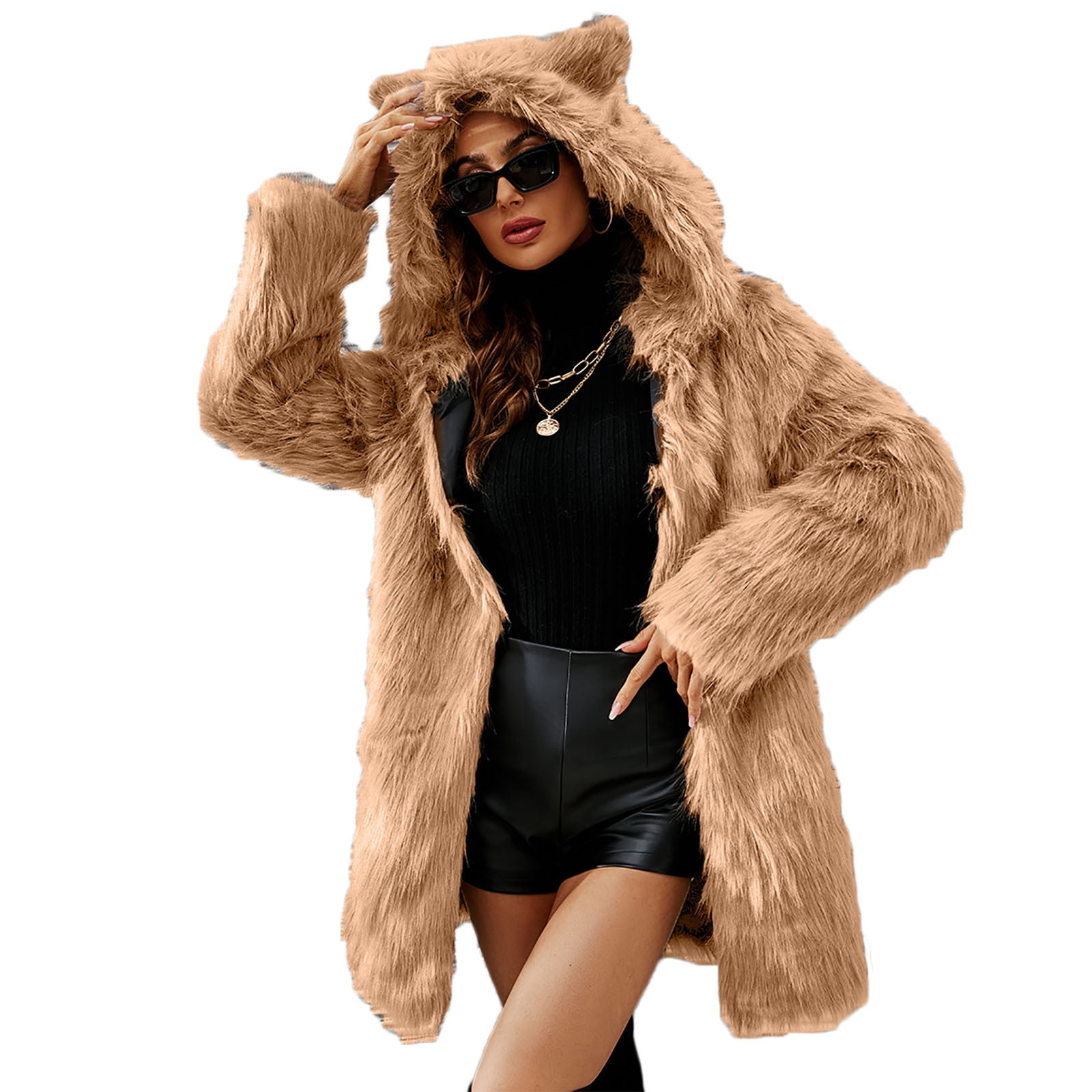 QATAINLAV Winter Jacket for Women Cute Cat Ear Hooded Cardigan Solid Color Faux Fur Open Front Hoodies, Khaki, XL