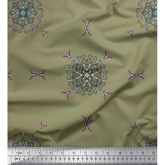 Soimoi Silk Fabric Leaves & Mandala Decorative Decor Fabric Printed Yard 42 Inch Wide
