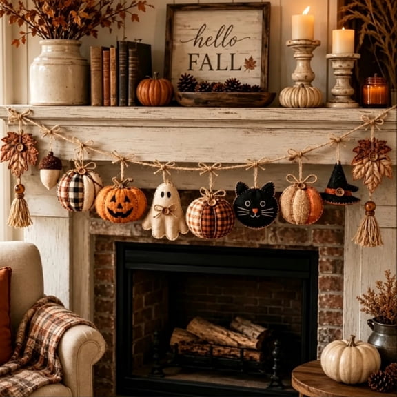 Halloween Felt Garland with Pumpkin Ghost Black Cat and Witch Hat, Cozy Fall Harvest Hanging Decor, 59.06 in for Mantel Wall Window Home Decor