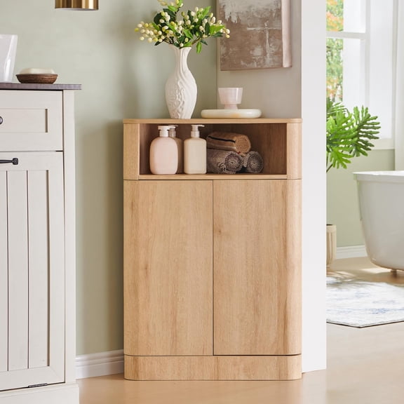 Modern Small Corner Cabinet with Adjustable Shelf and Magnetic Push Latch, 32" H Corner Storage Cabinet for Bathroom, Living Room and Kitchen, Natural Oak