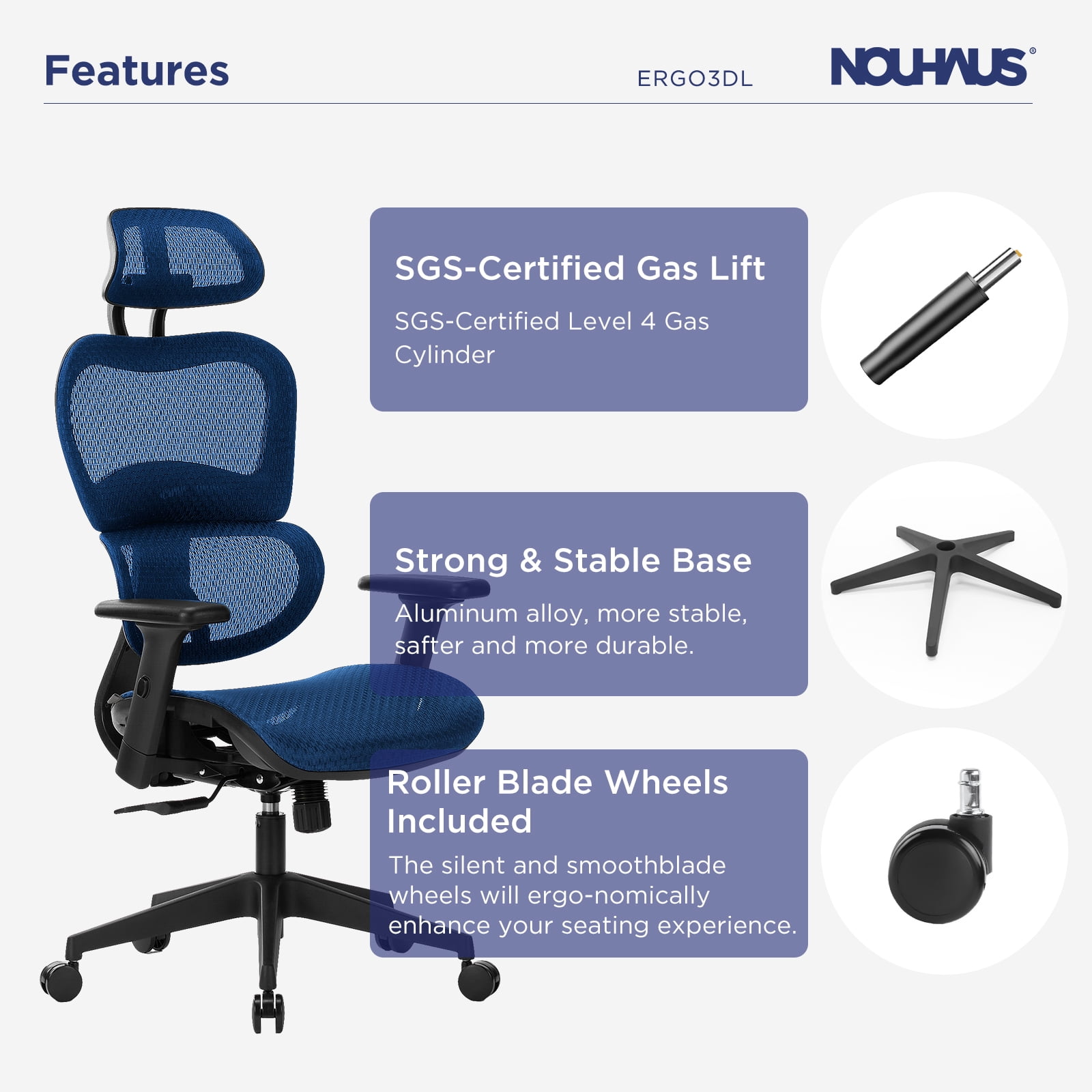 NOUHAUS Ergo3DL Ergonomic High-Back Mesh Office Chair with Adjustable Headrest, Lumbar Support, and Armrests