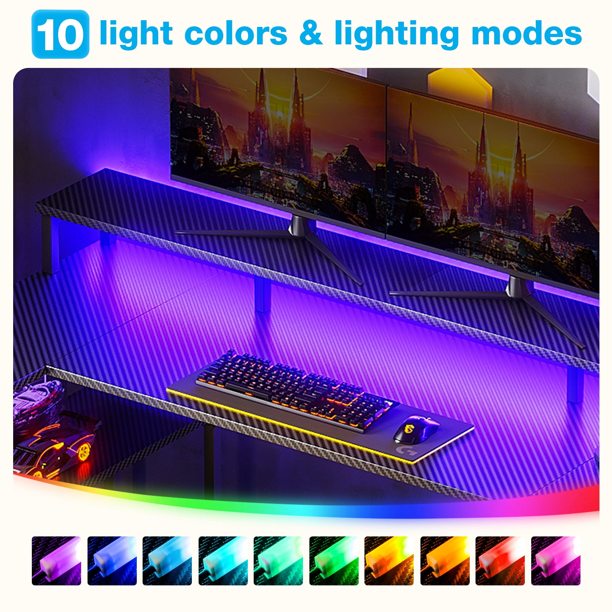 55 inch U Shaped Gaming Desk with Power Outlets & LED Light Strip, Home Office Desk with Storage Shelf, Suitable for Large Space, Gaming, Studying, Carbon Fiber Black