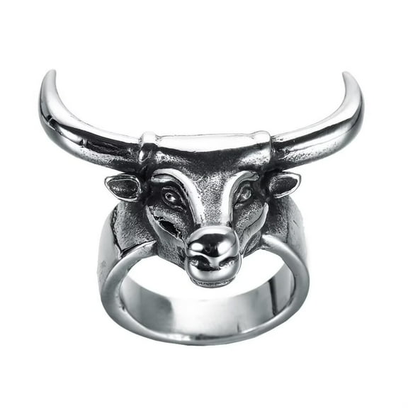 PAMTIER Men's Stainless Steel Vintage Silver Domineering Lucky Bullfighter Bull Head Ring Animal Charm Halloween Gothic Biker Band Width Size 7