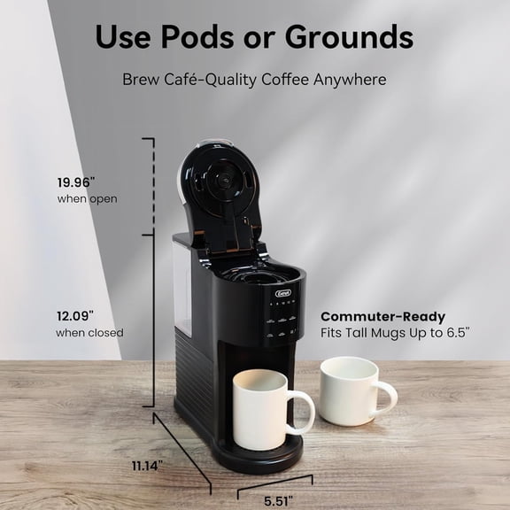 Single Serve Coffee Maker, Compatible with Pods & Ground Coffee, 40oz Removable Water Reservoir, 5 Brew Sizes (6-14oz), Compact for Kitchen Use, Black